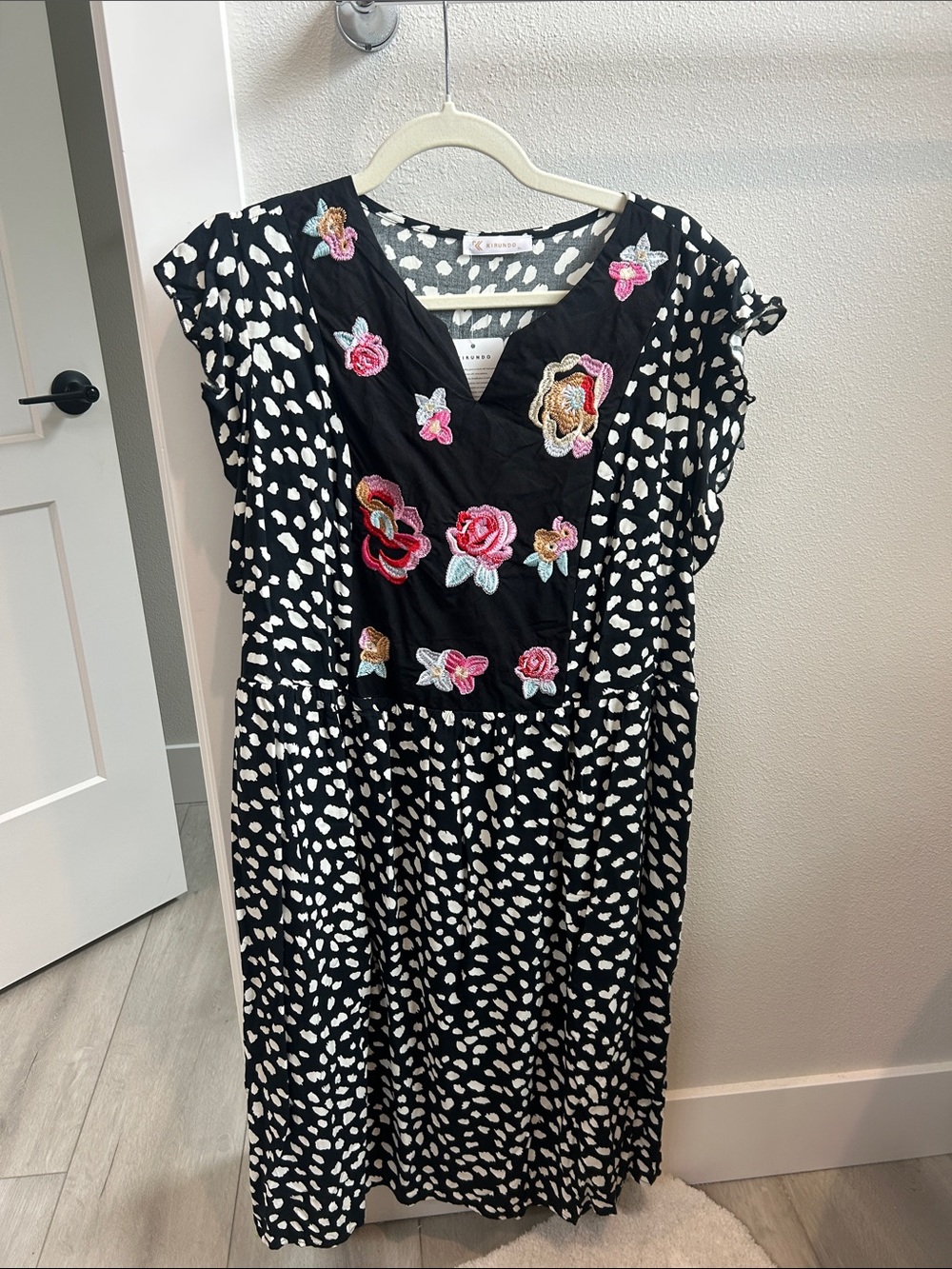 Womens Black Polka Dot Dress with Floral Embroidered Bodice